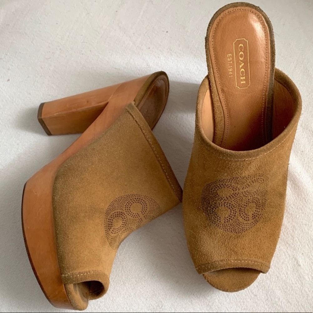 Coach Brown Suede Open-Toe Platform Mules